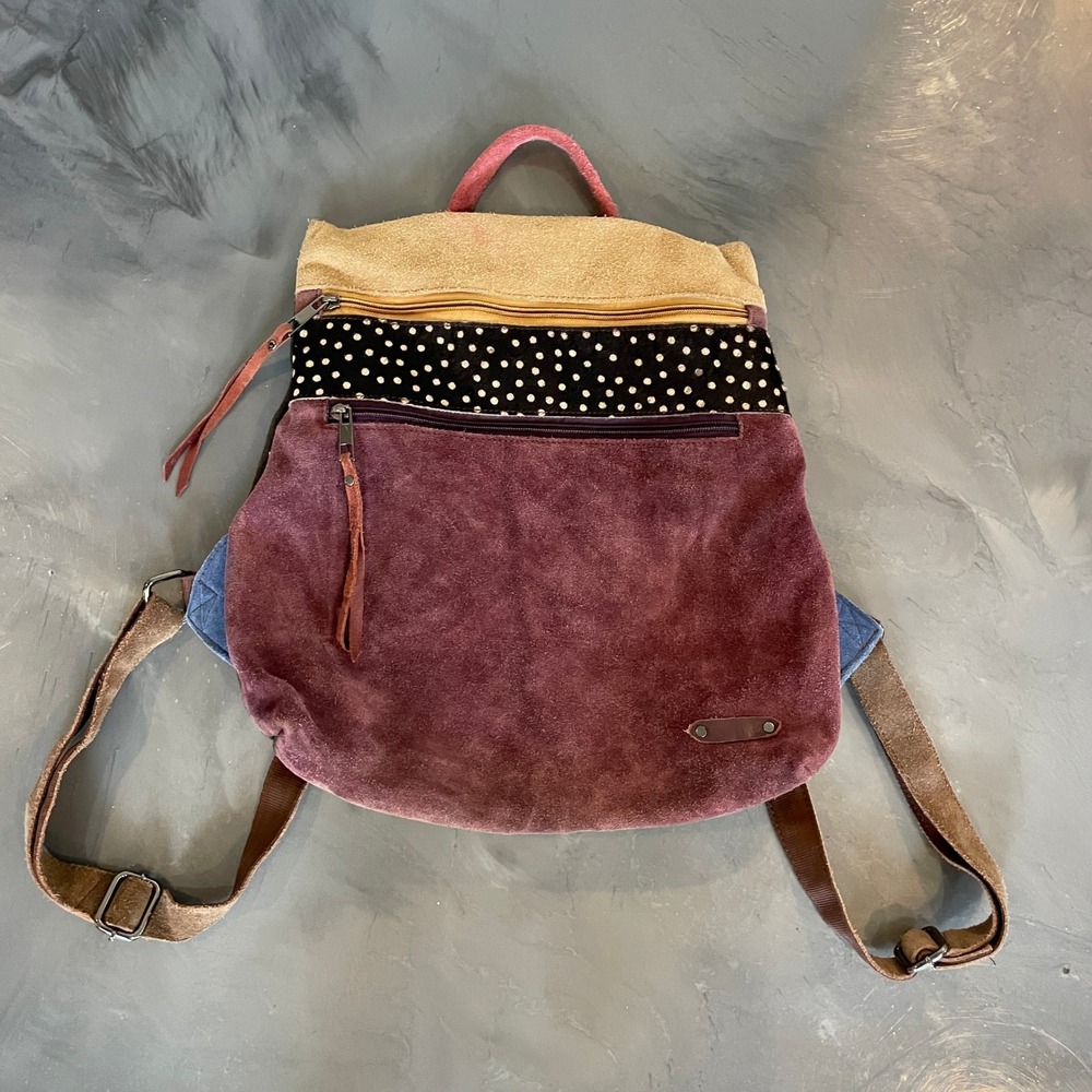 Soruka Louise Recycled Leather Suede Patchwork Backpack Boho Polka Dot Bag